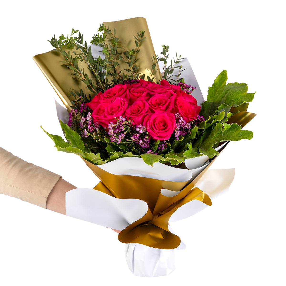 Elegant hand-tied bouquet featuring fresh pink roses