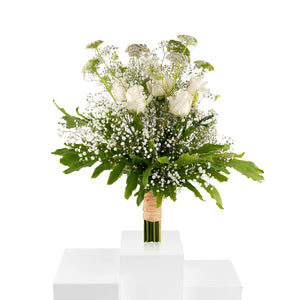Elegant hand-tied bouquet featuring fresh deferent types of white flower and roses
