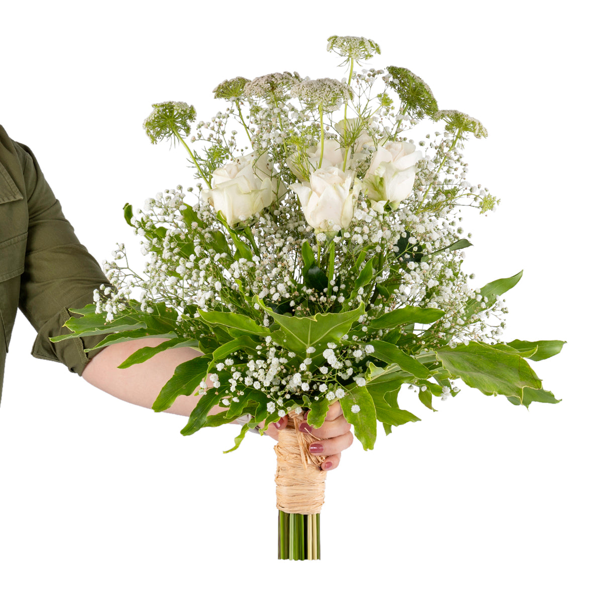 Elegant hand-tied bouquet featuring fresh deferent types of white flower and roses