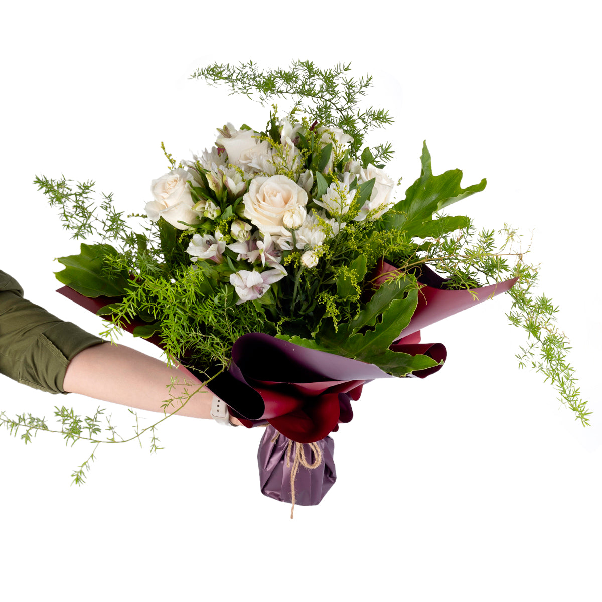 Elegant hand-tied bouquet featuring fresh deferent types of white flower 