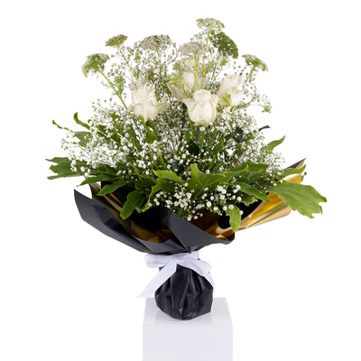 Elegant hand-tied bouquet featuring fresh white roses and baby flowers