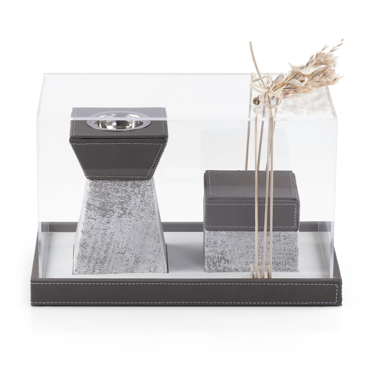 Grey leather incense burner with a matching bakhour storage jar in an Acrylic box