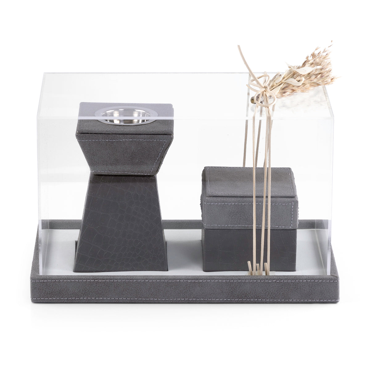 Grey leather incense burner with a matching bakhour storage jar in an Acrylic box