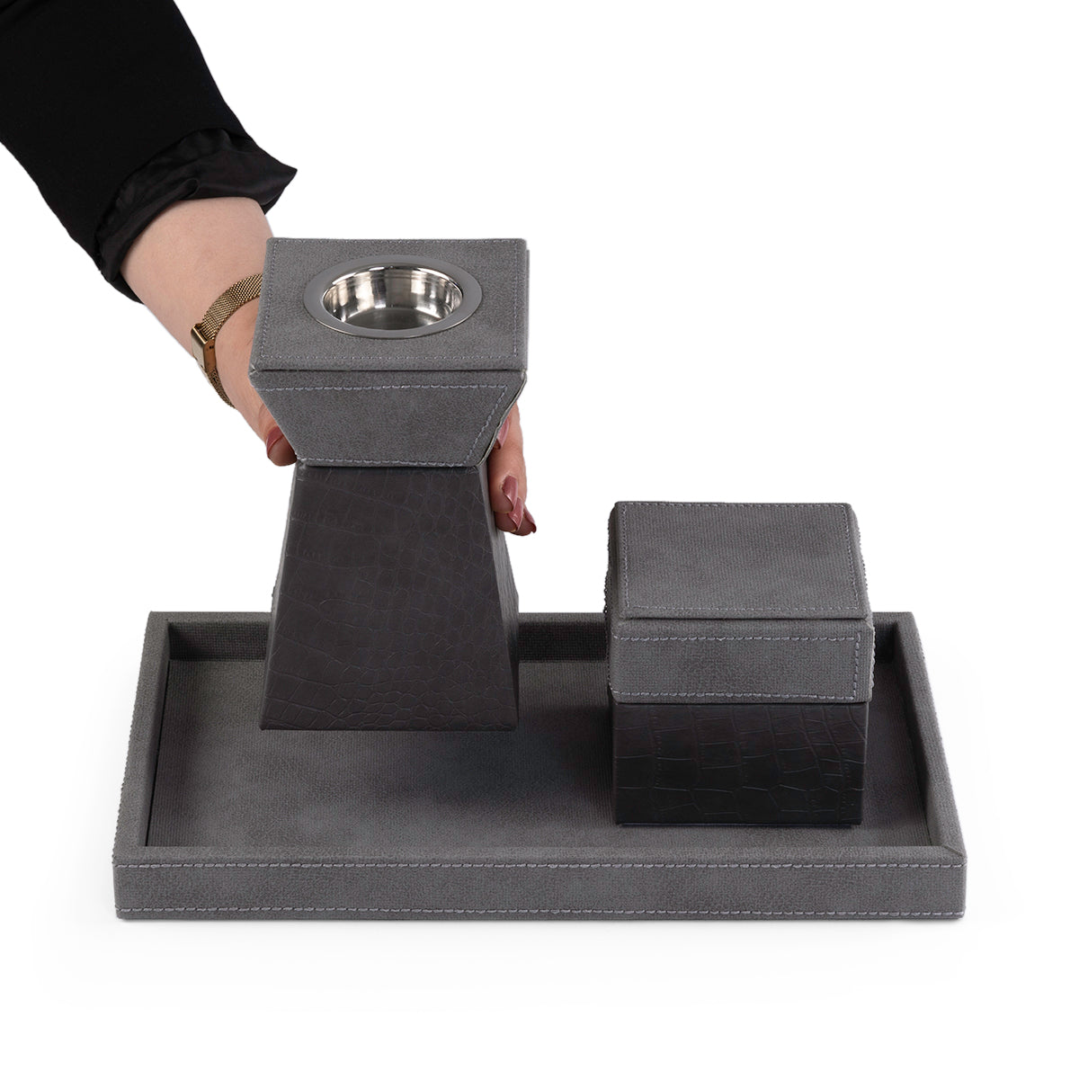 Grey leather incense burner with a matching bakhour storage jar