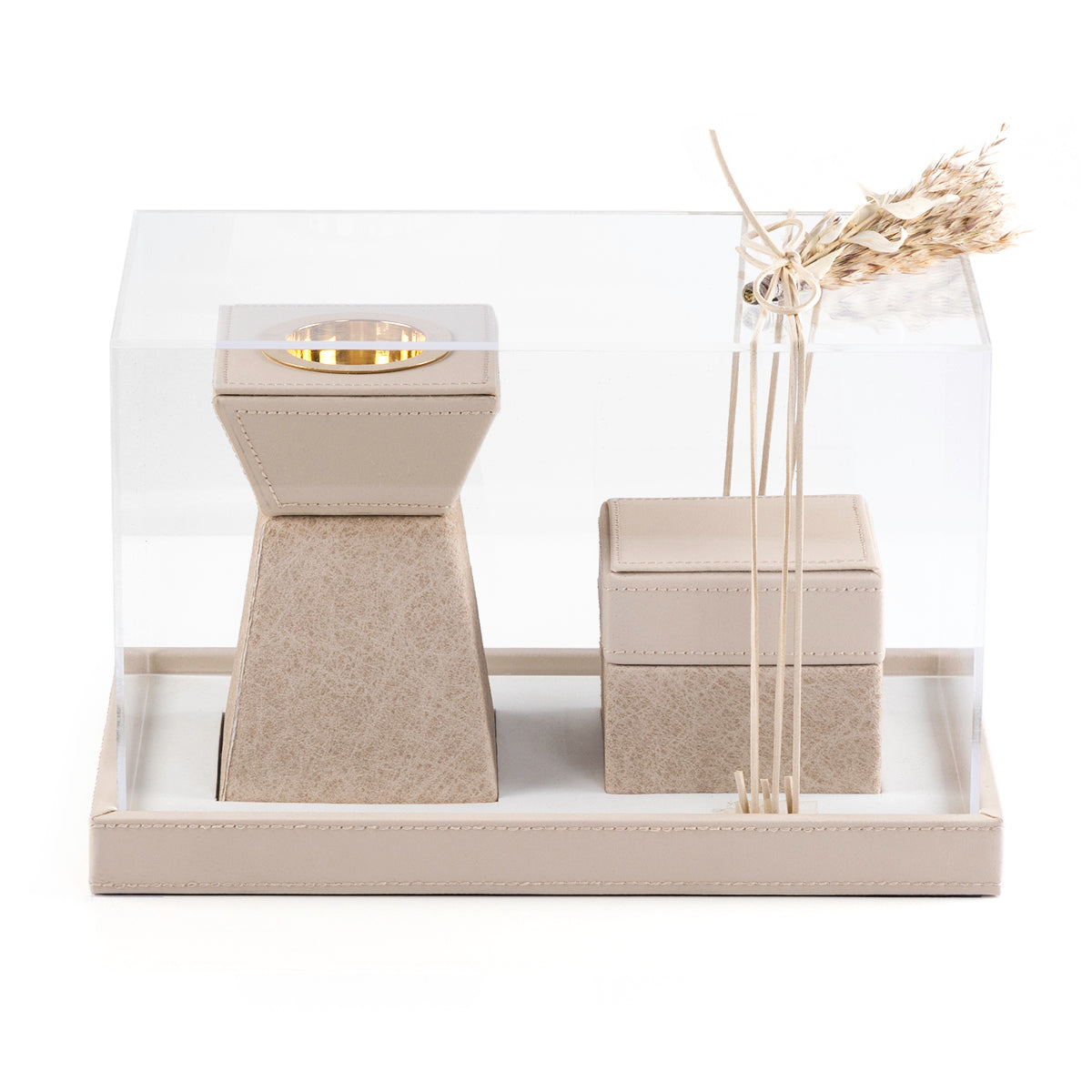 beige leather incense burner with a matching bakhour storage jar in an Acrylic box