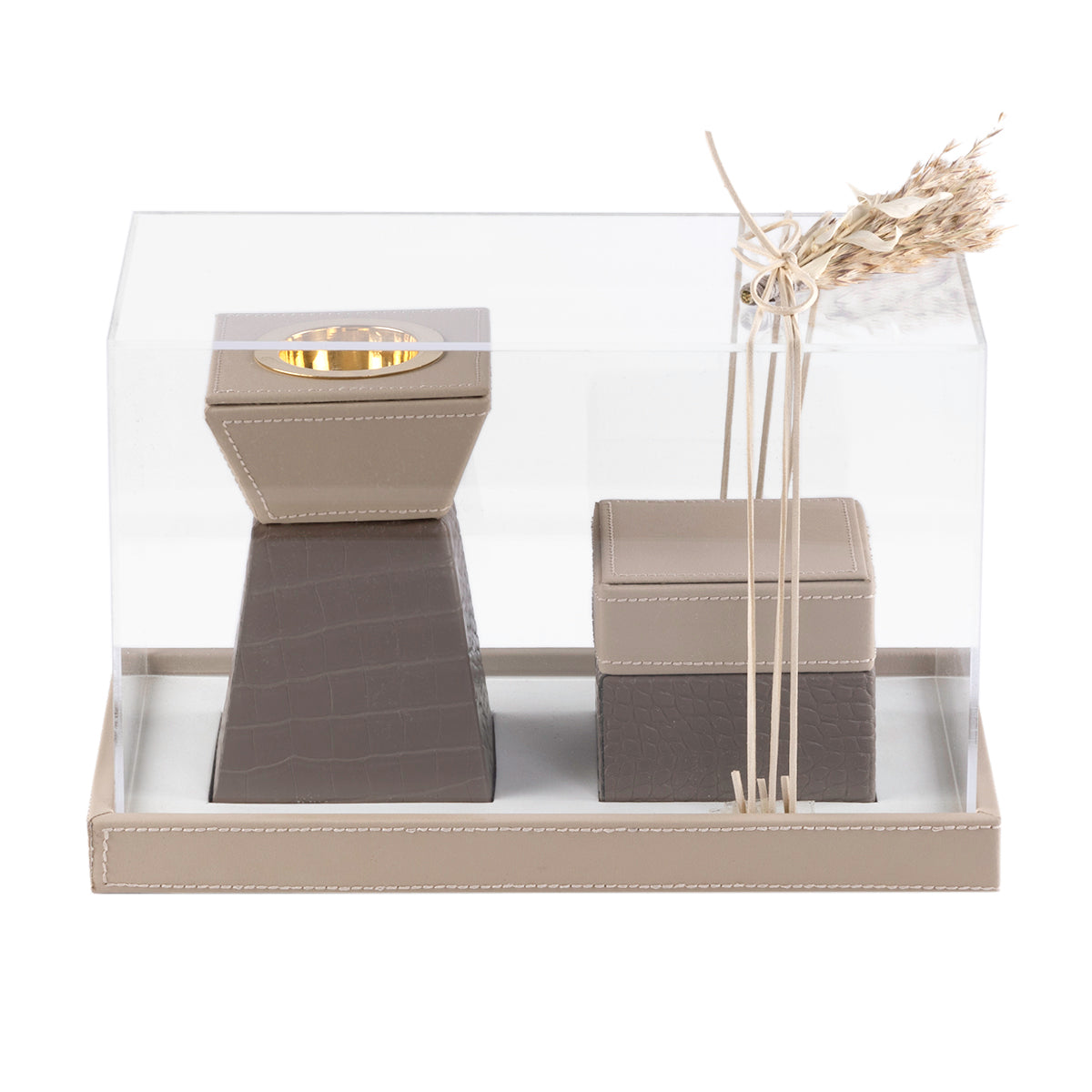 beige leather incense burner with a matching bakhour storage jar in an Acrylic box