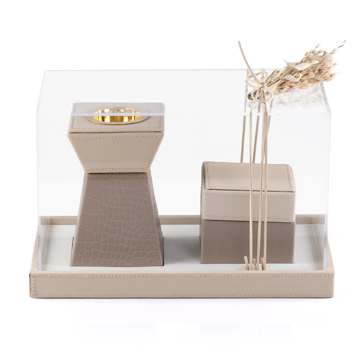 beige leather incense burner with a beige bakhor storage bowl in an Acrylic box