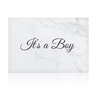 white marble new baby boy greeting card with the words 'It's a boy' written on it