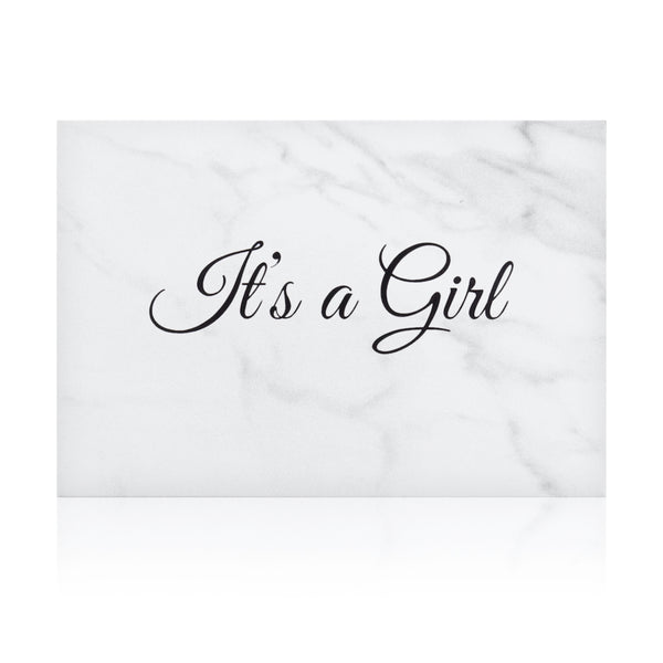white marble new baby girl greeting card with the words 'It's a girl' written on it