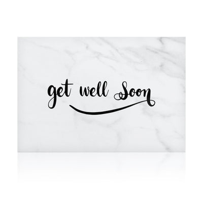 white marble greeting card for with the words 'get well soon' written on it