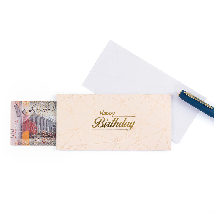 pink greeting envelope with the words 'Happy birthday' written on it