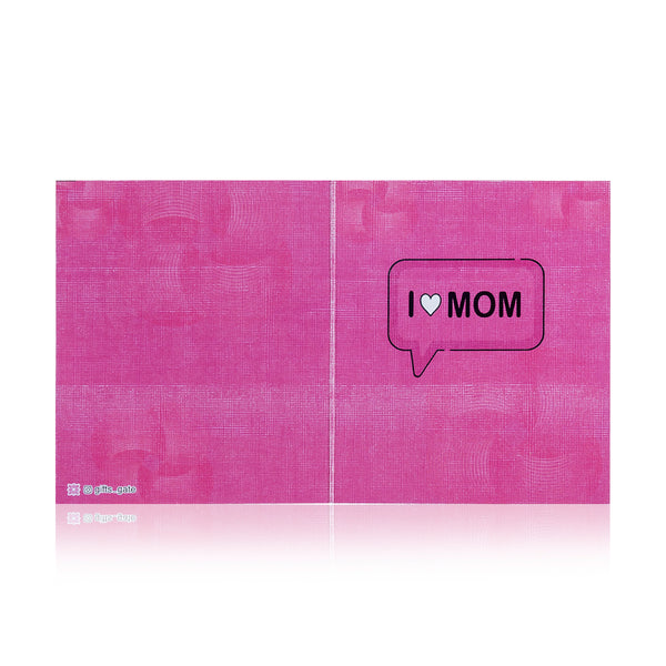 pink Mother's Day greeting card with the words 'I Love Mom' written on it