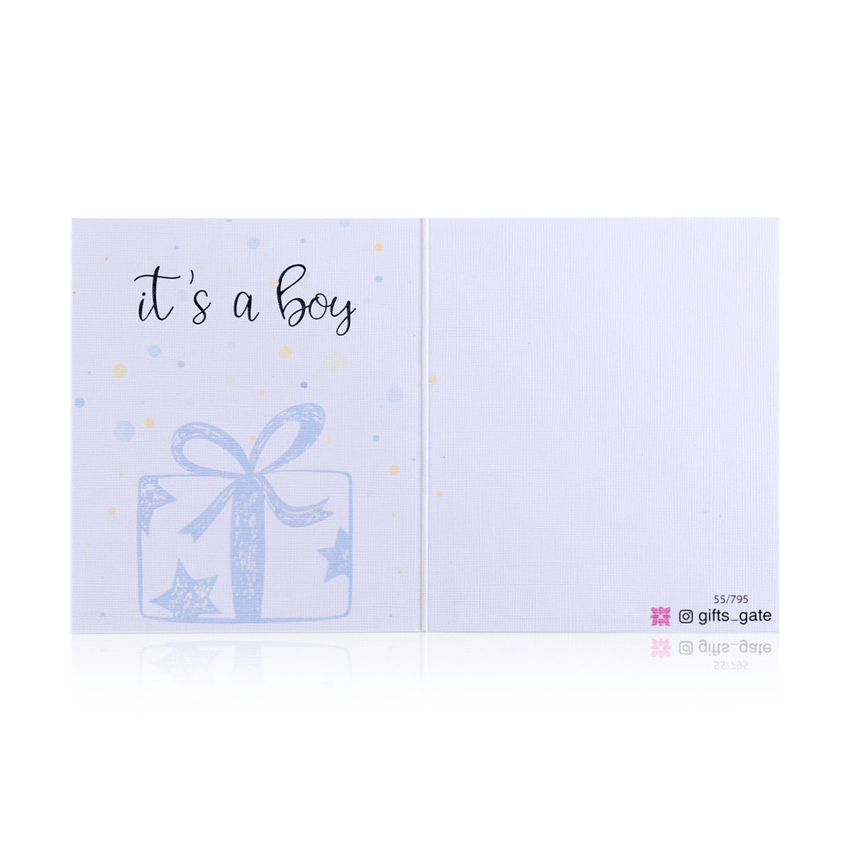 White and blue new baby boy greeting card with the words 'It's a boy' written on it