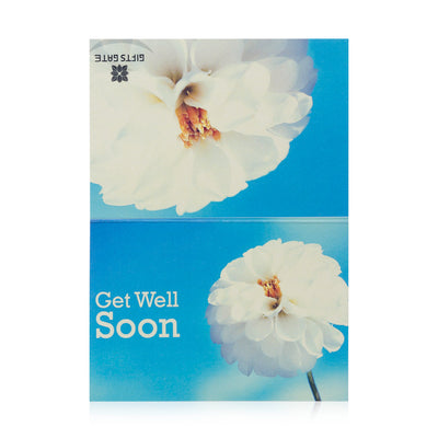 blue greeting card with the word ' get well soon ' written on it