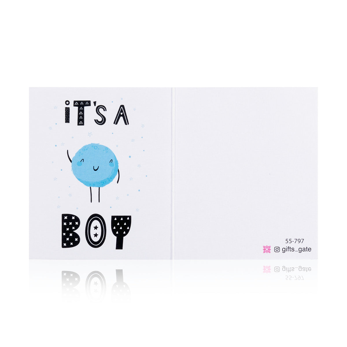 blue and white new baby born greeting card with sentence it's a boy