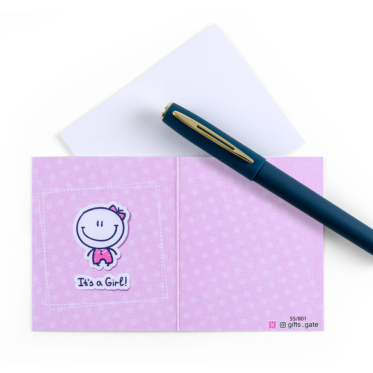 pink and new baby born greeting card with sentence it's a girl