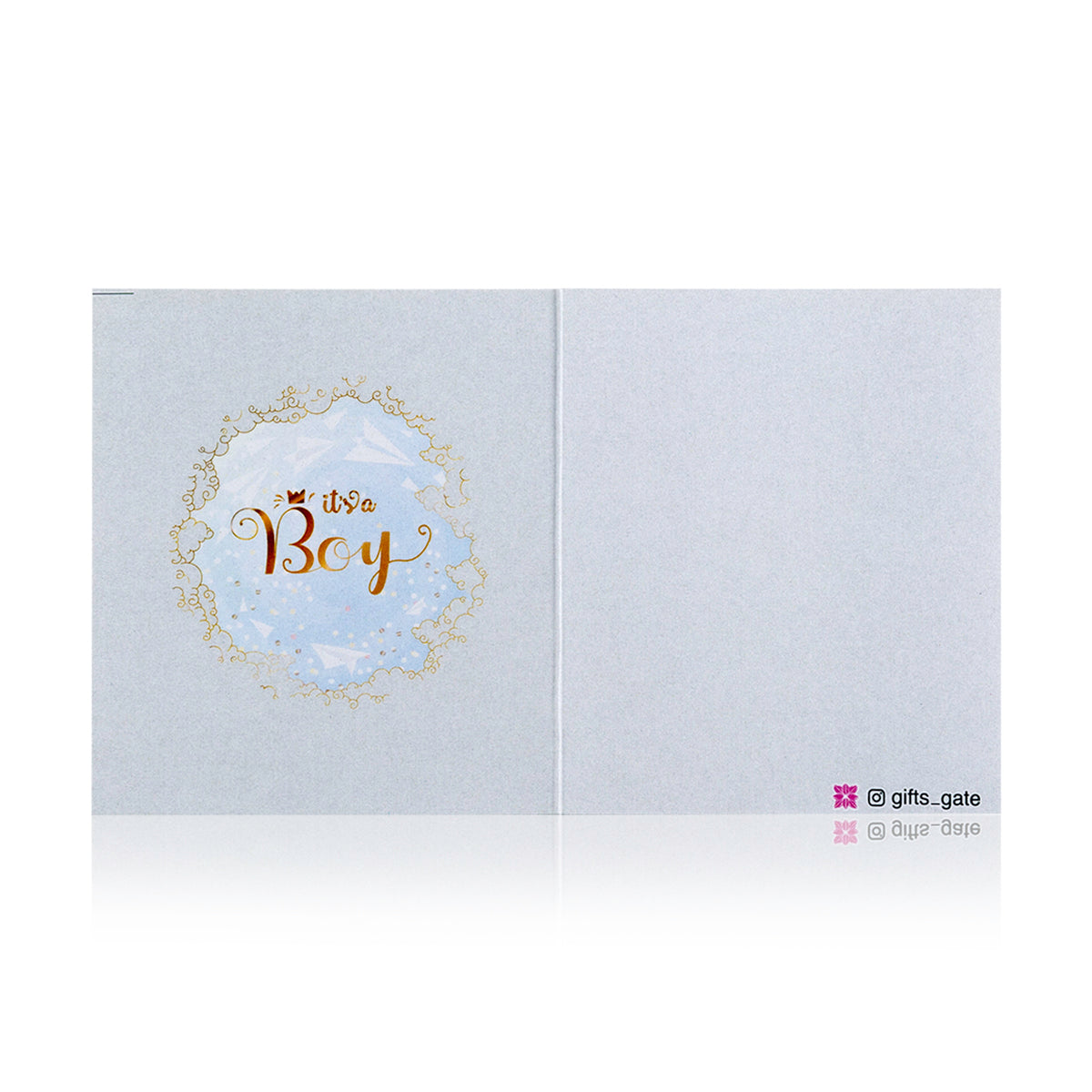 blue new boy baby born greeting card with sentence it's a boy