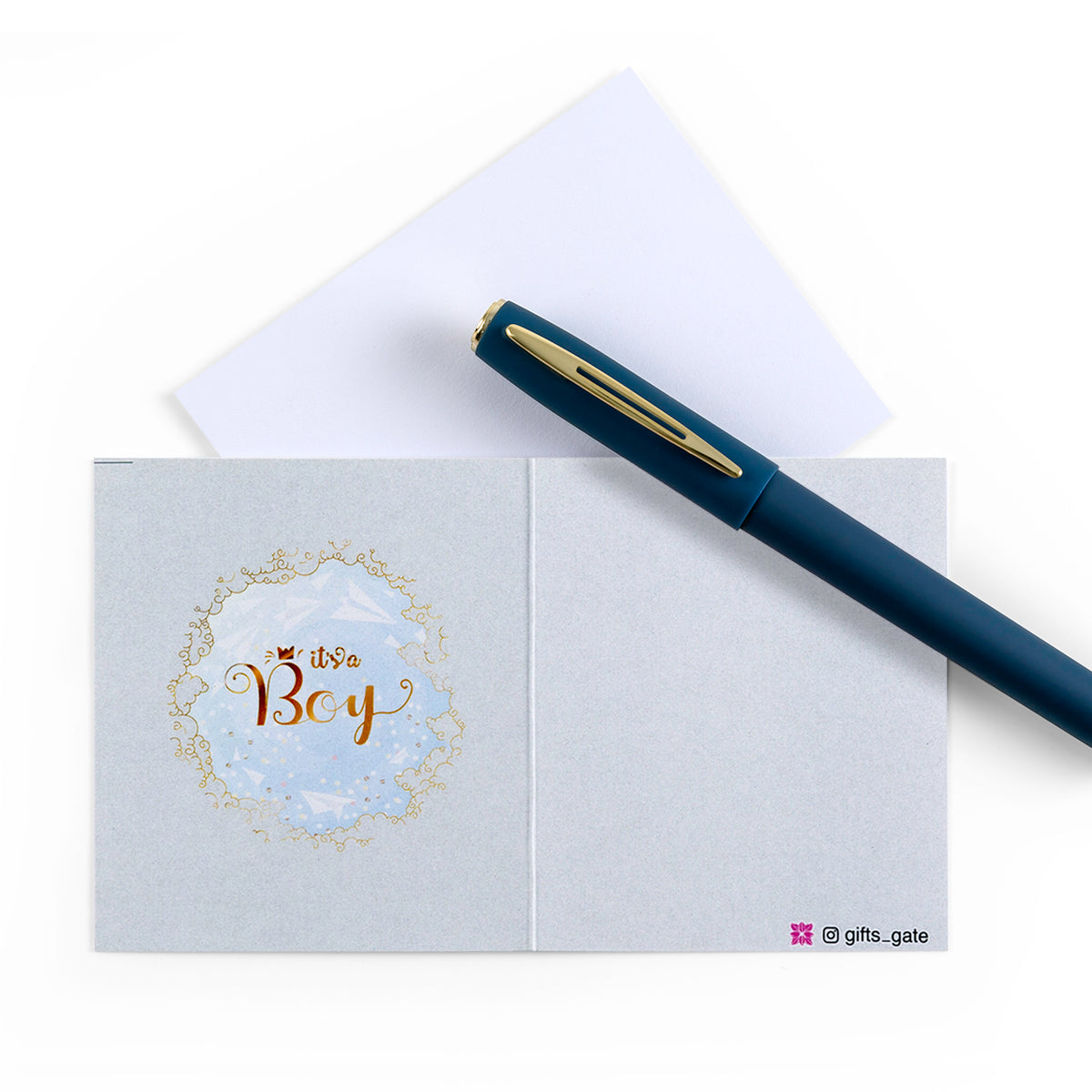 blue new boy baby born greeting card with sentence it's a boy