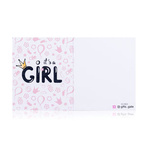 pink and white new girl baby born greeting card with sentence it's a girl