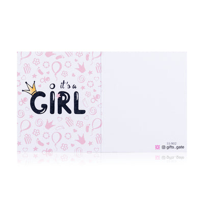 pink and white new girl baby born greeting card with sentence it's a girl
