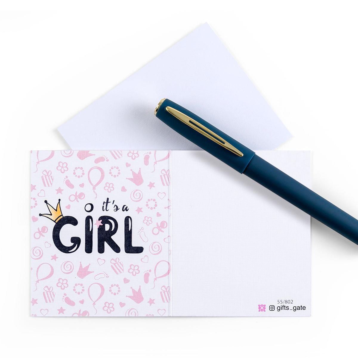 pink and white new girl baby born greeting card with sentence it's a girl