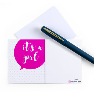 pink and white new girl baby born greeting card