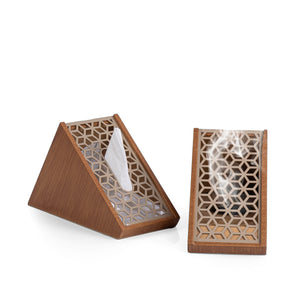 brown wooden incense burner with matching tissue box