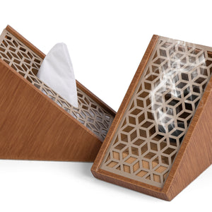 brown wooden incense burner with matching tissue box