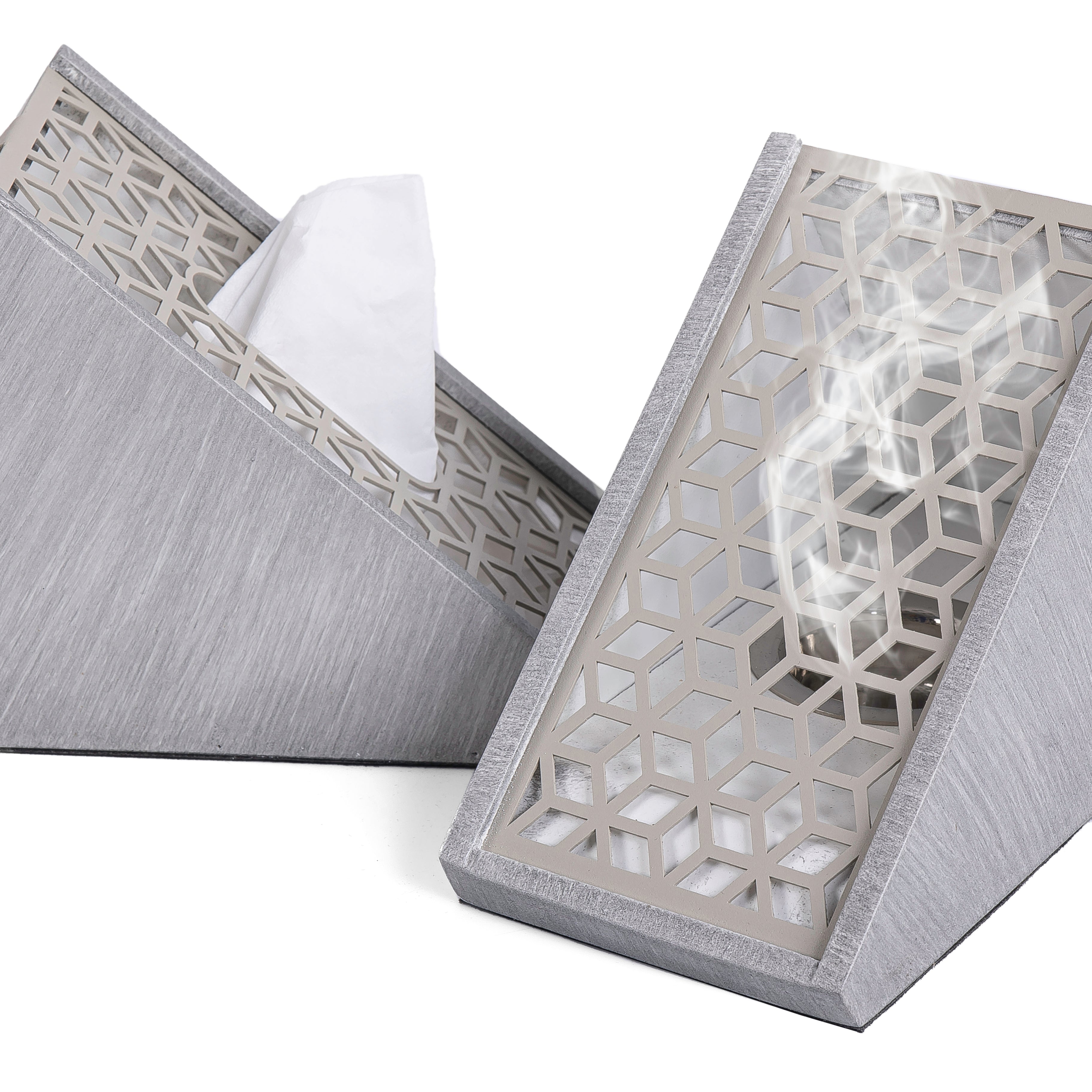 grey wooden incense burner with matching tissue box