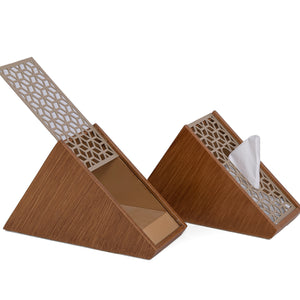brown wooden incense burner with matching tissue box