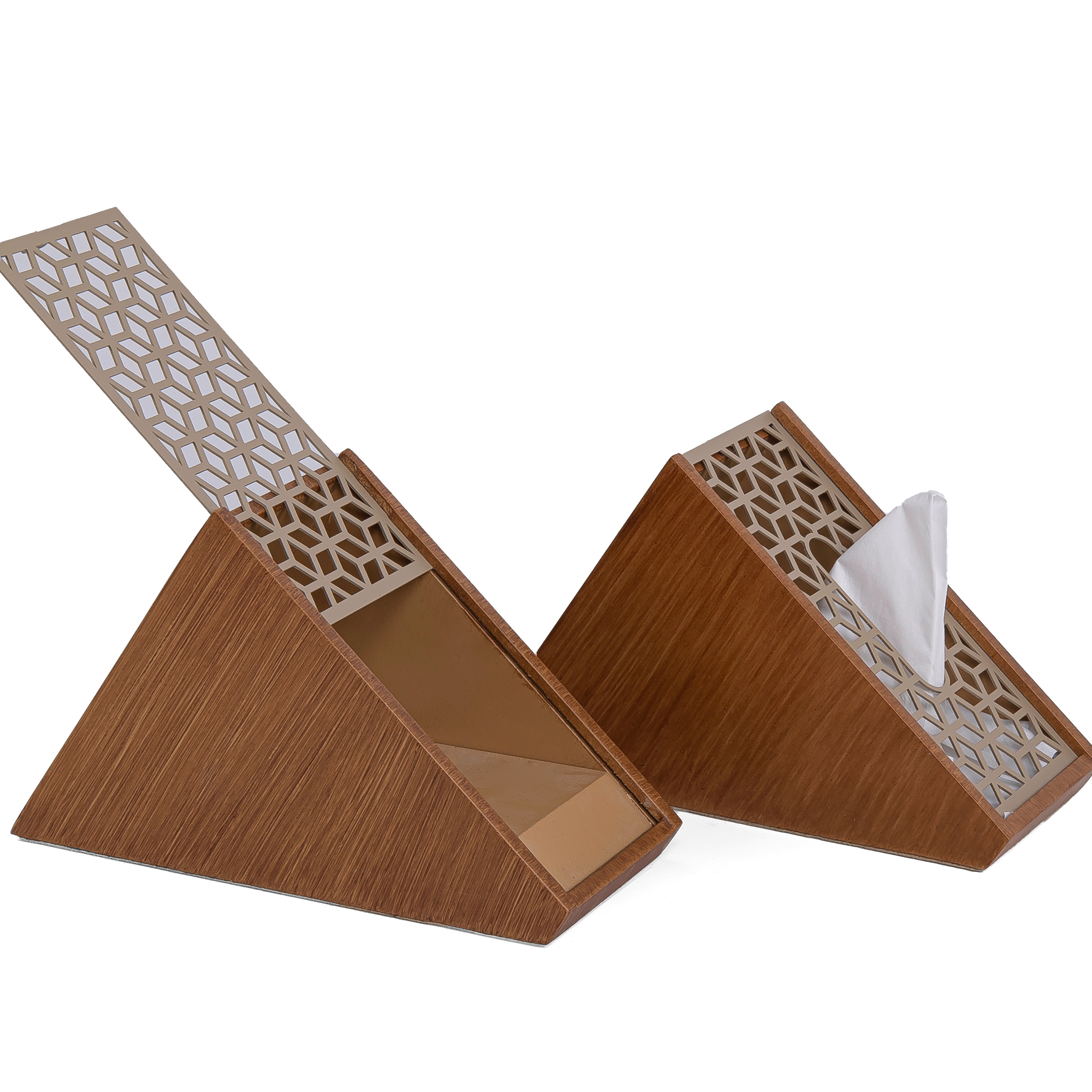 brown wooden incense burner with matching tissue box