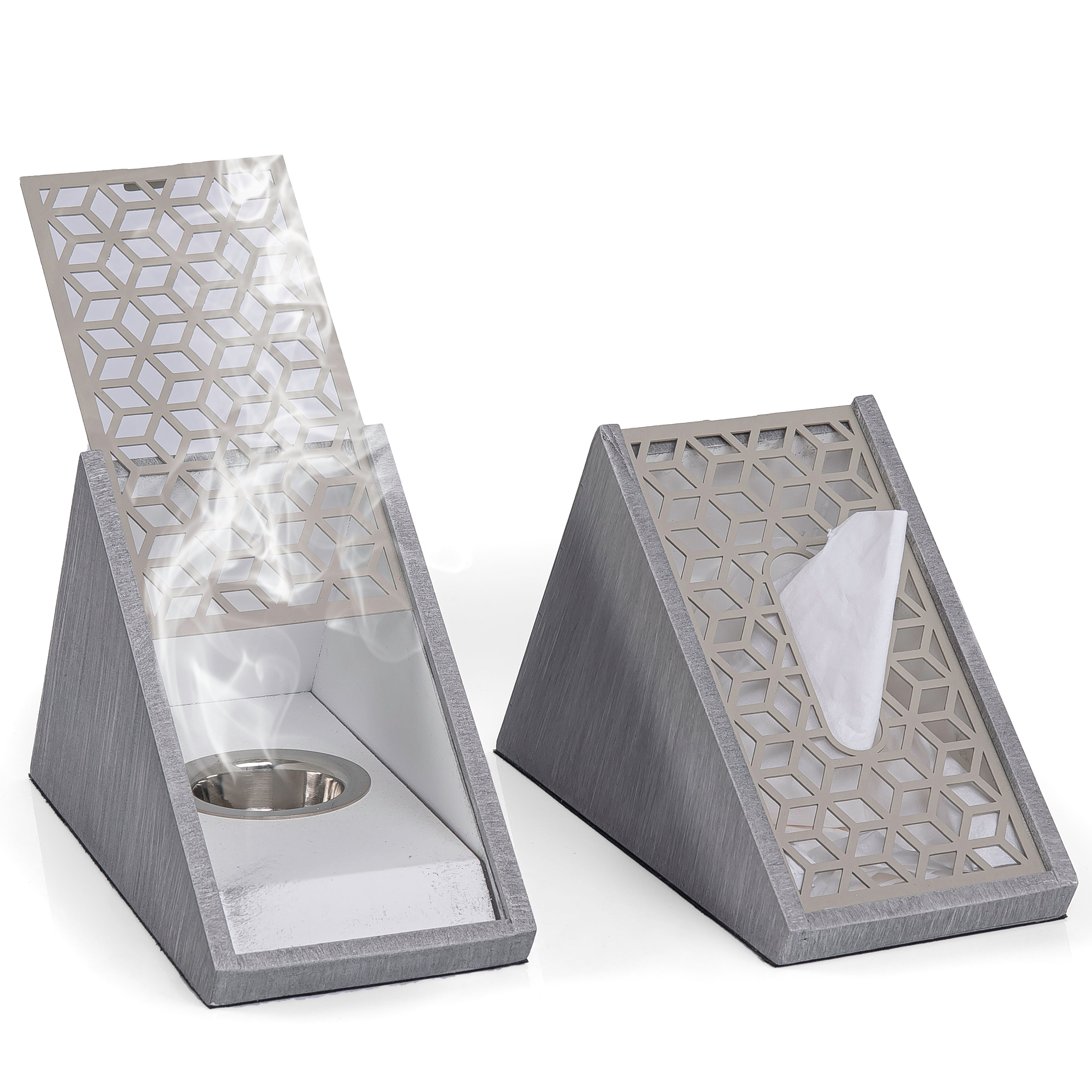 grey wooden incense burner with matching tissue box