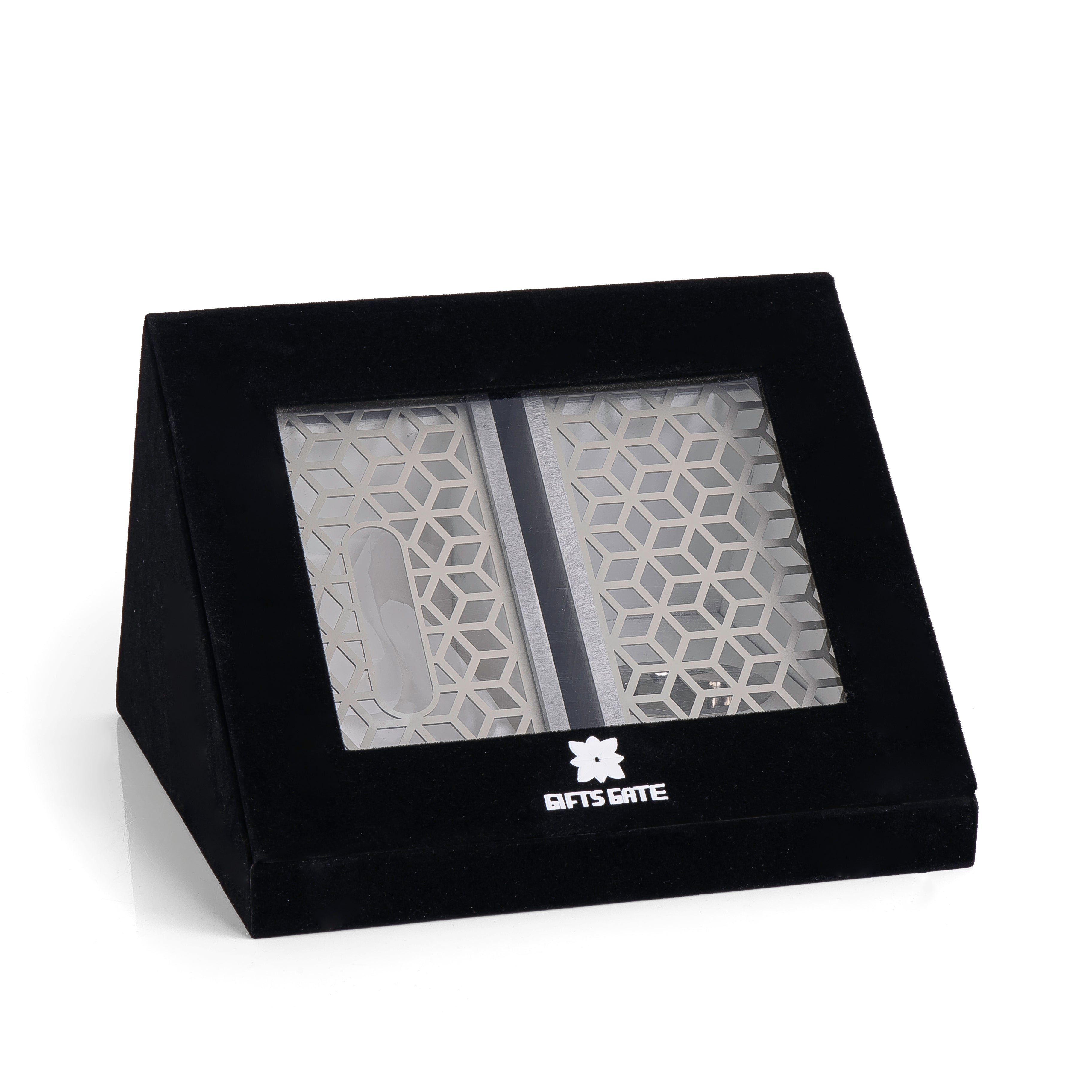 grey wooden incense burner with matching tissue box