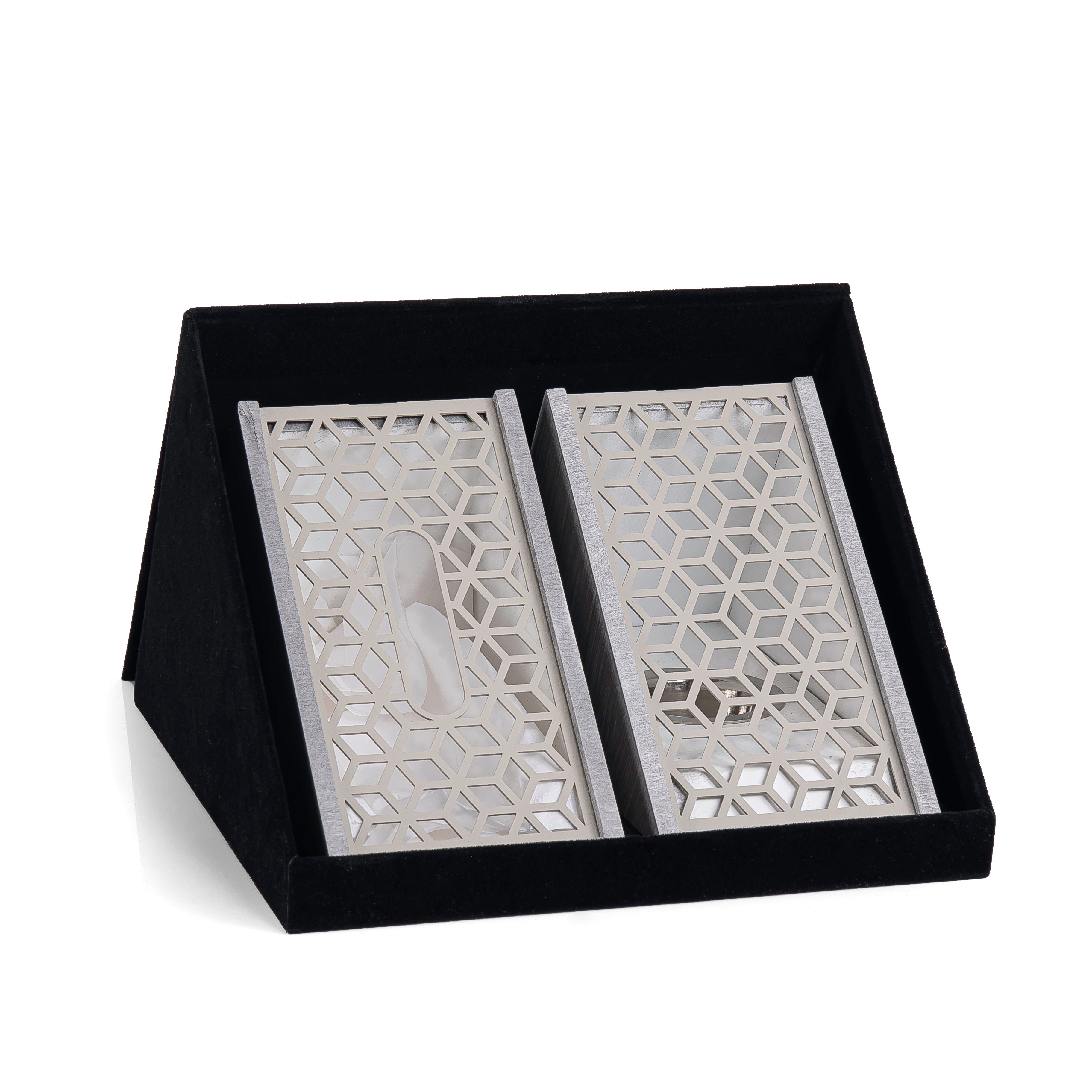 grey wooden incense burner with matching tissue box