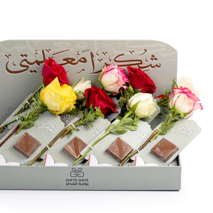 set of rose flowers with chocolate 