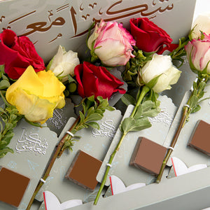 set of rose flowers with chocolate 