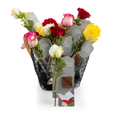 set of rose flowers with chocolate 