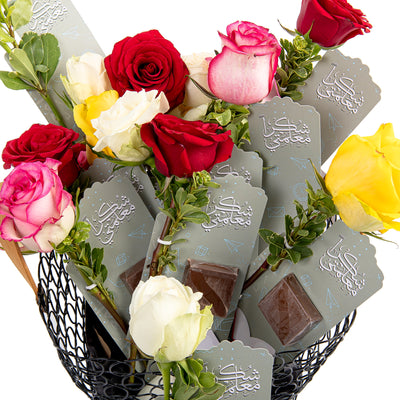 set of rose flowers with chocolate 