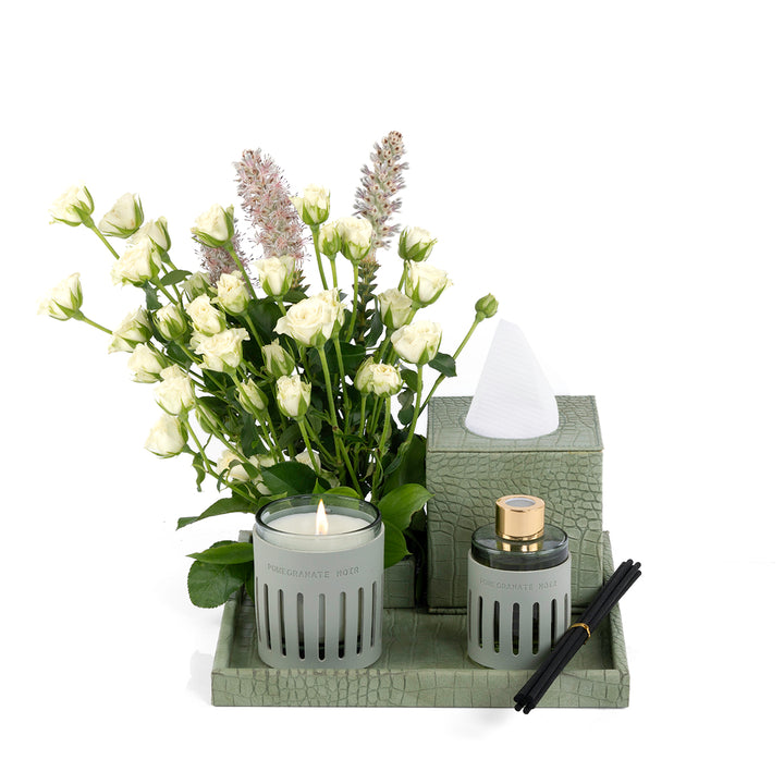 Green Leather tray with matching tissue box, flower, candle, and diffuser