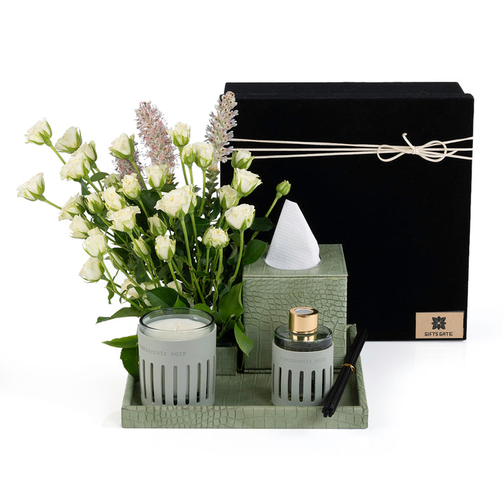 Green Leather tray with matching tissue box, flower, candle, and diffuser