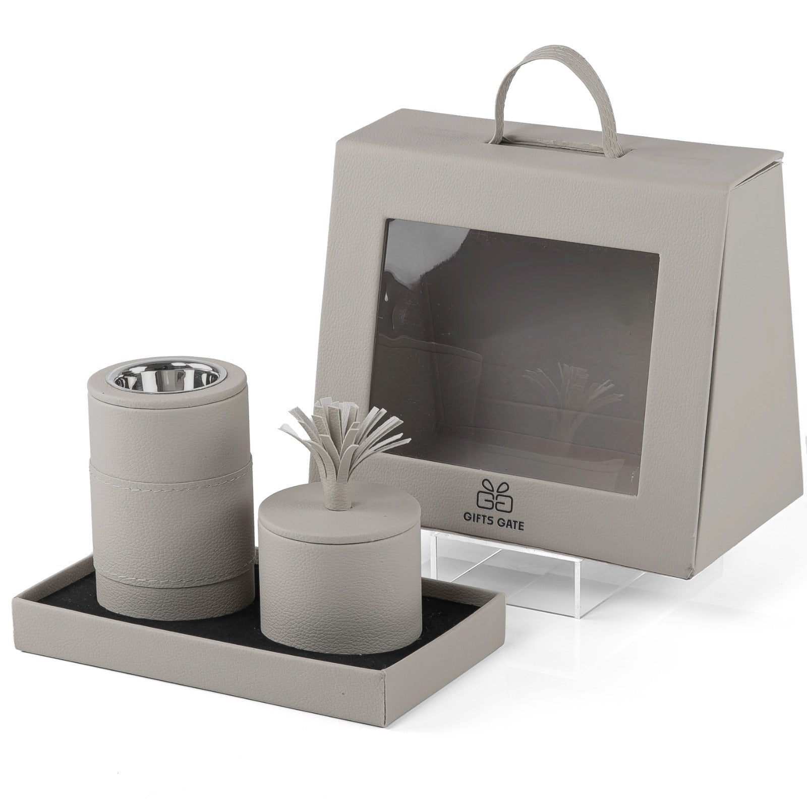 Grey bag contains incense burner and bakhor box