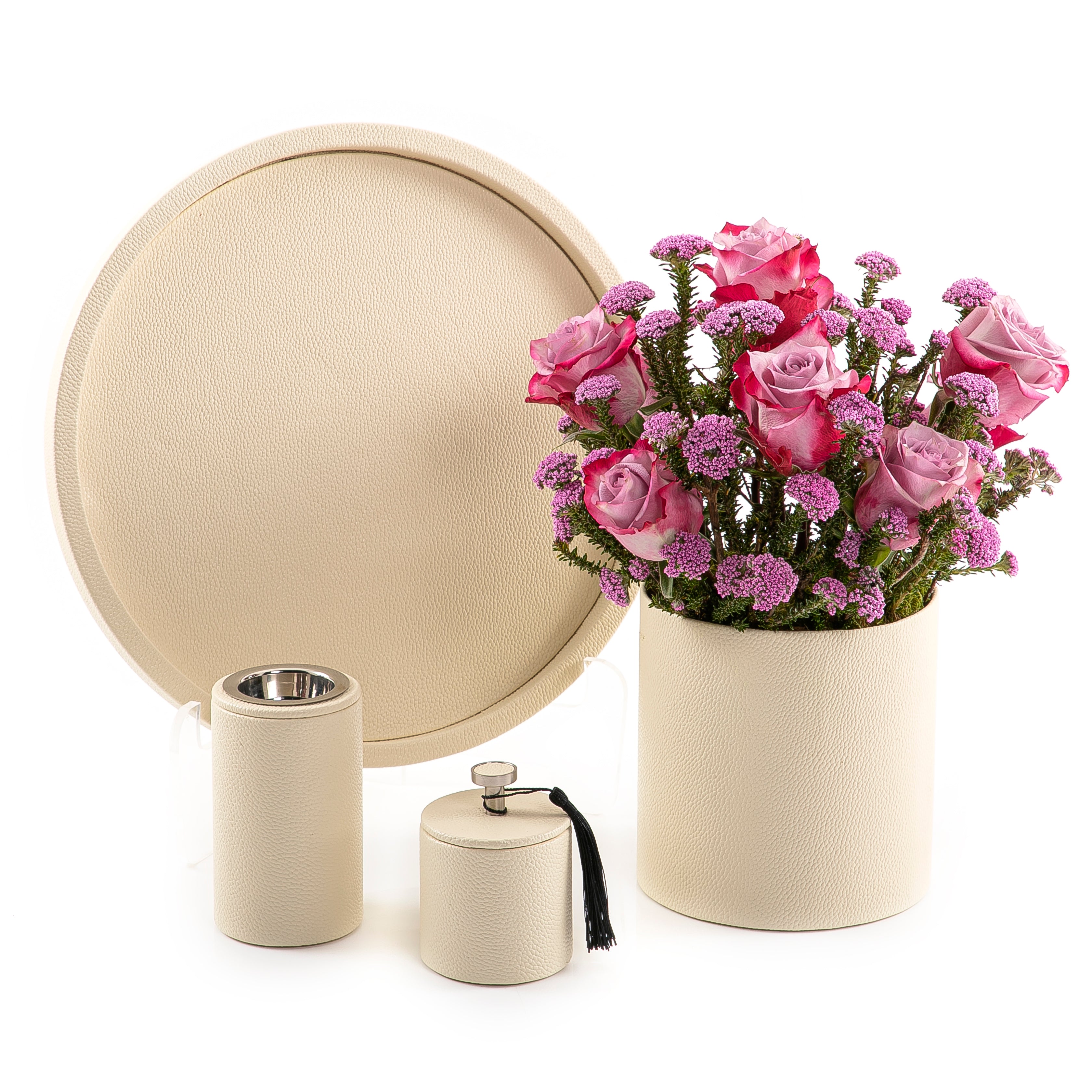 A white leather set includes circle tray, incense burner, jar, and flower vase