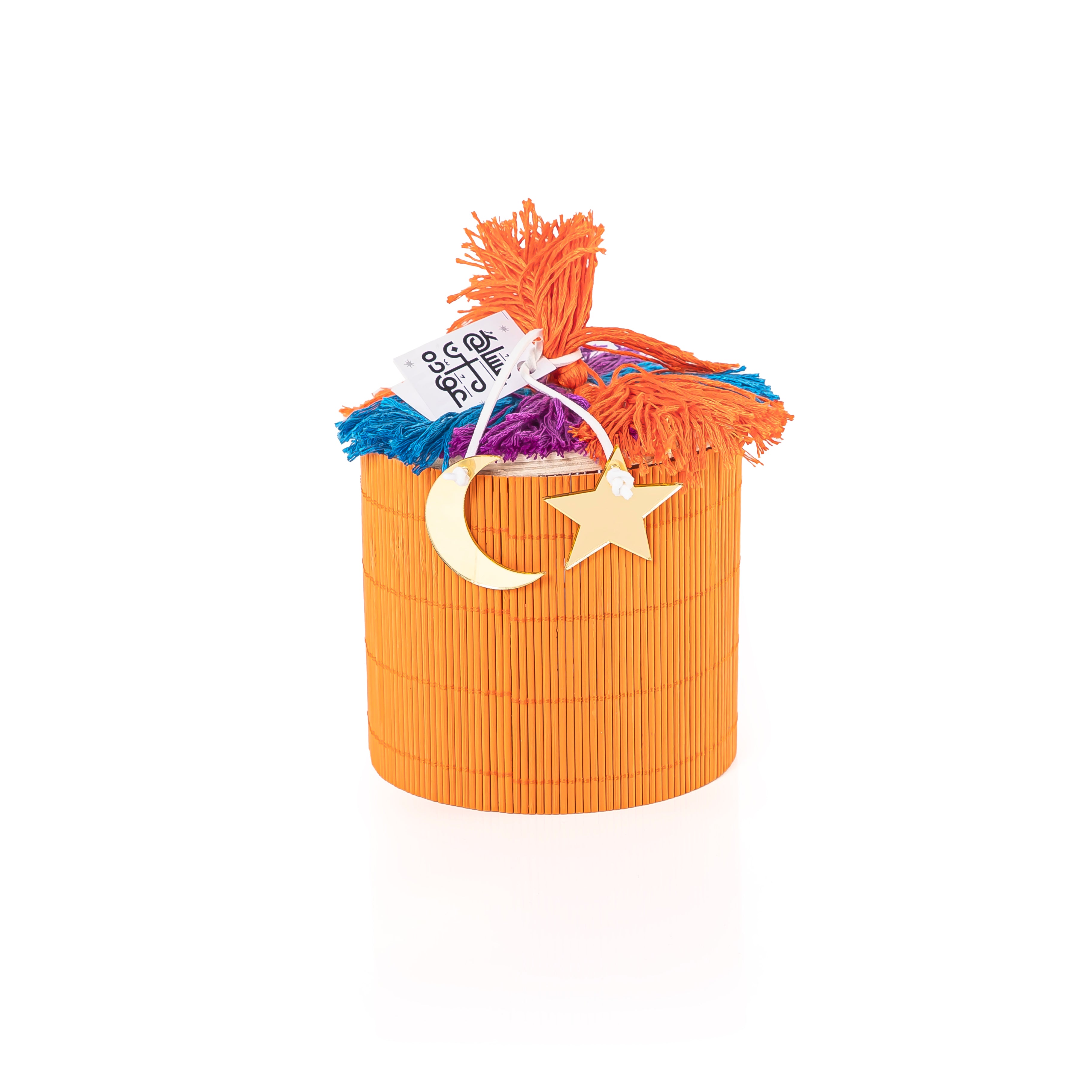 orange decorated wicker gergean box with a customized name label