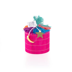 pink decorated wicker gergean box with a customized name label