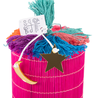 pink decorated wicker gergean box with a customized name label