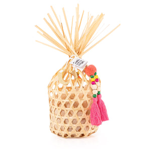 beige decorated wicker gergean box with a customized name label
