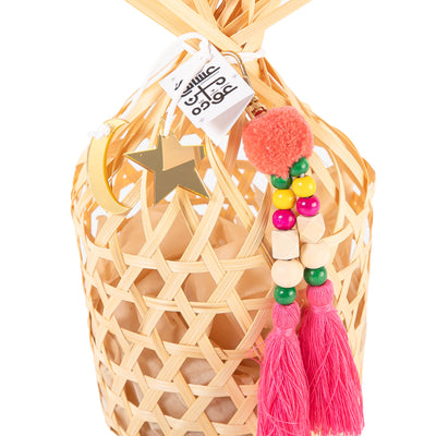 beige decorated wicker gergean box with a customized name label