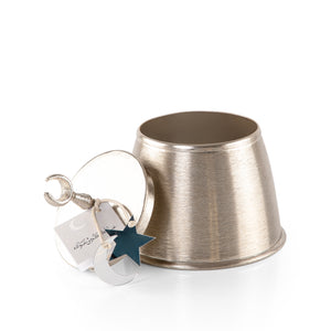 Decorated silver metal box with a customized name label 