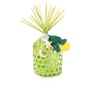 green decorated wicker gergean box with a customized name label