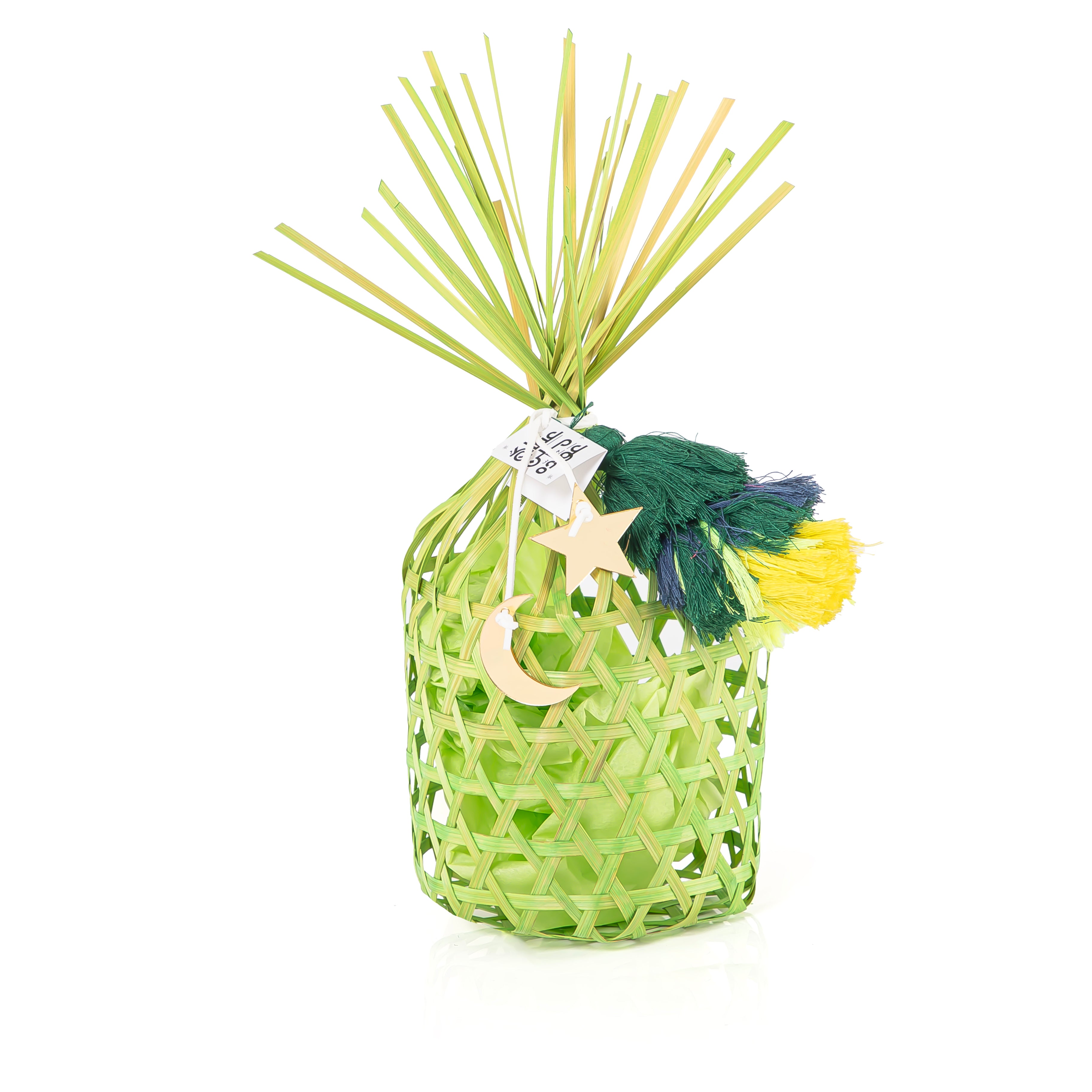 green decorated wicker gergean box with a customized name label